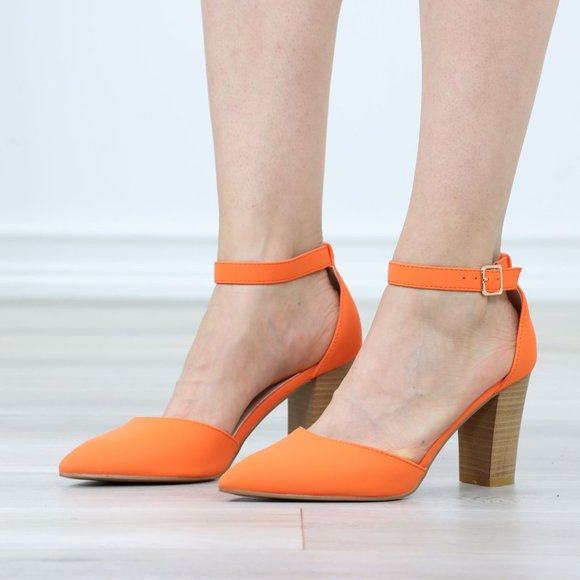 Pointed Toe Block Heel High Heel Stiletto Shoes Orange Nubuck - Picture 12 of 13